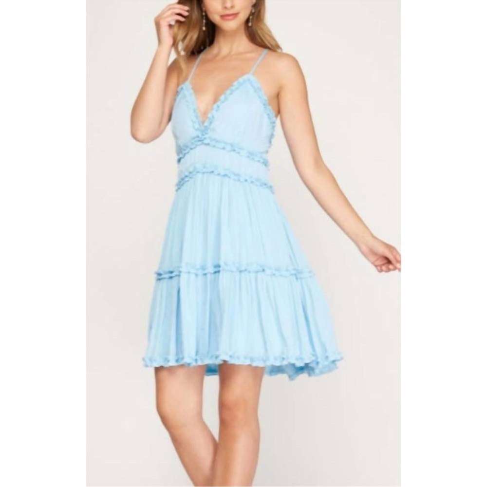 NWT She + Sky Tiered Blue Sleeveless Ruffle Dress